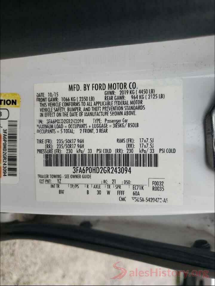 3FA6P0HD2GR243094 2016 FORD FUSION