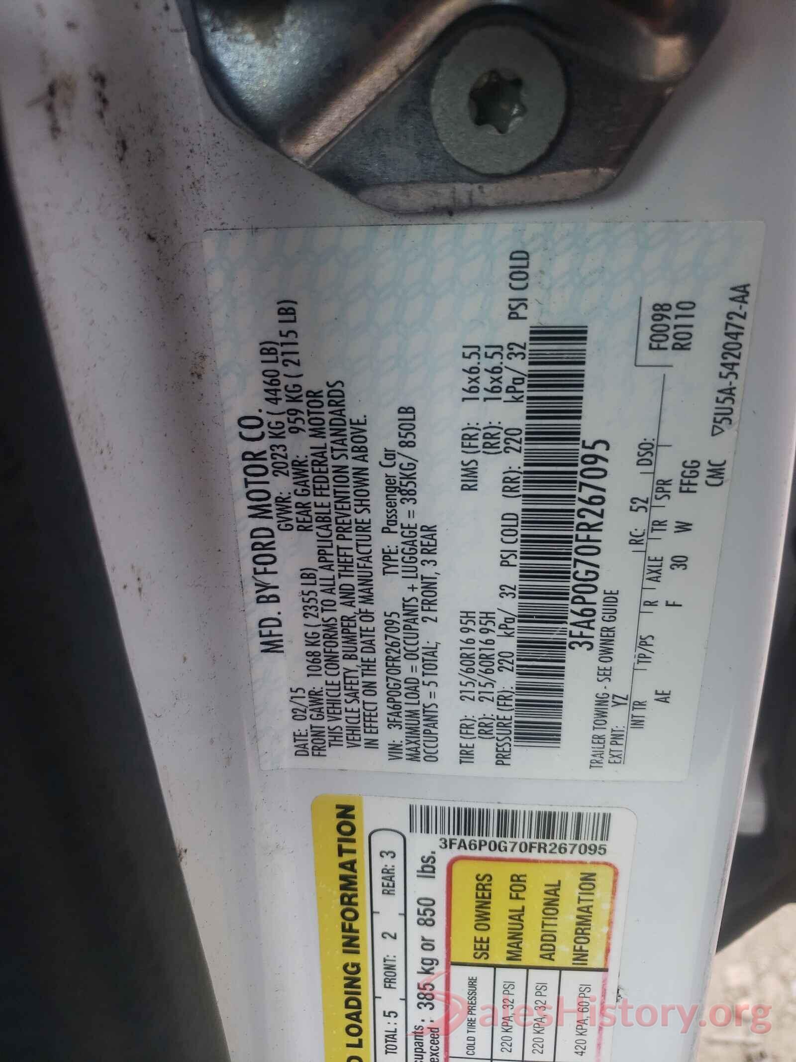 3FA6P0G70FR267095 2015 FORD FUSION