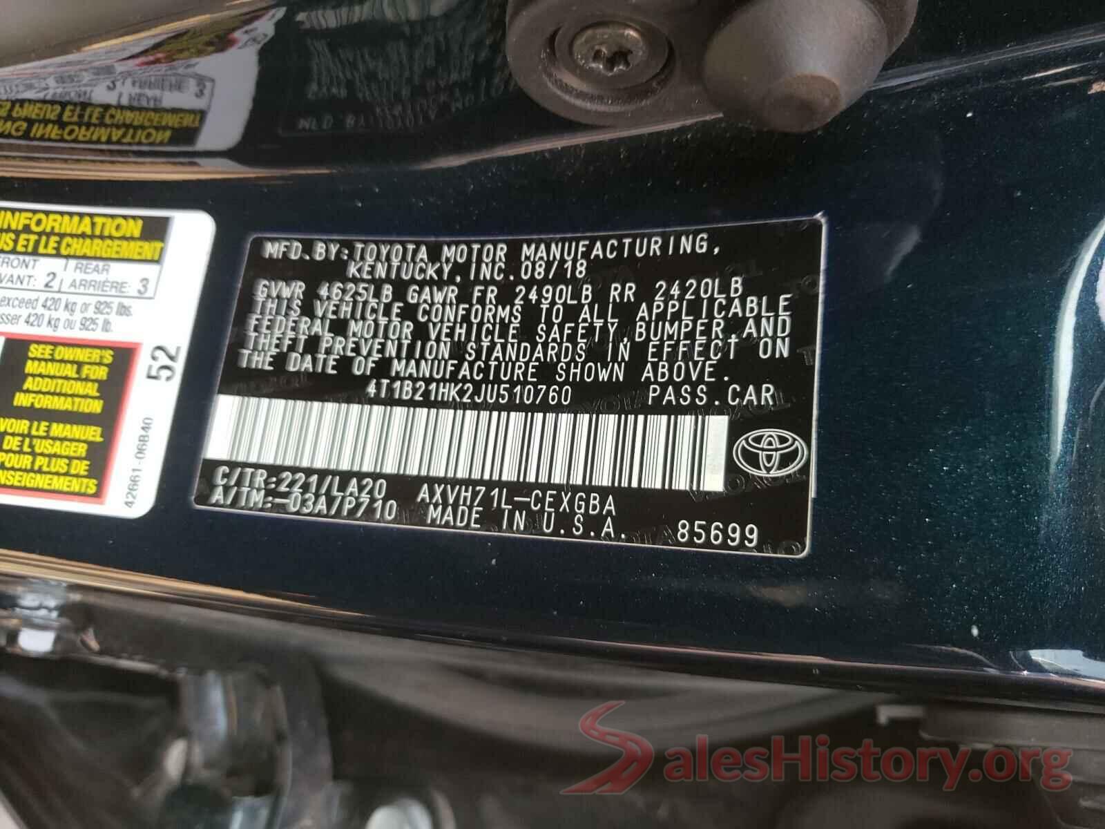 4T1B21HK2JU510760 2018 TOYOTA CAMRY