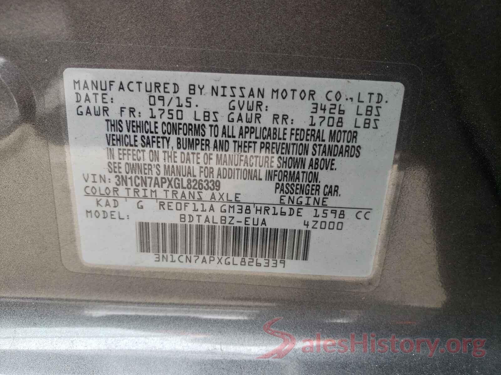 3N1CN7APXGL826339 2016 NISSAN VERSA