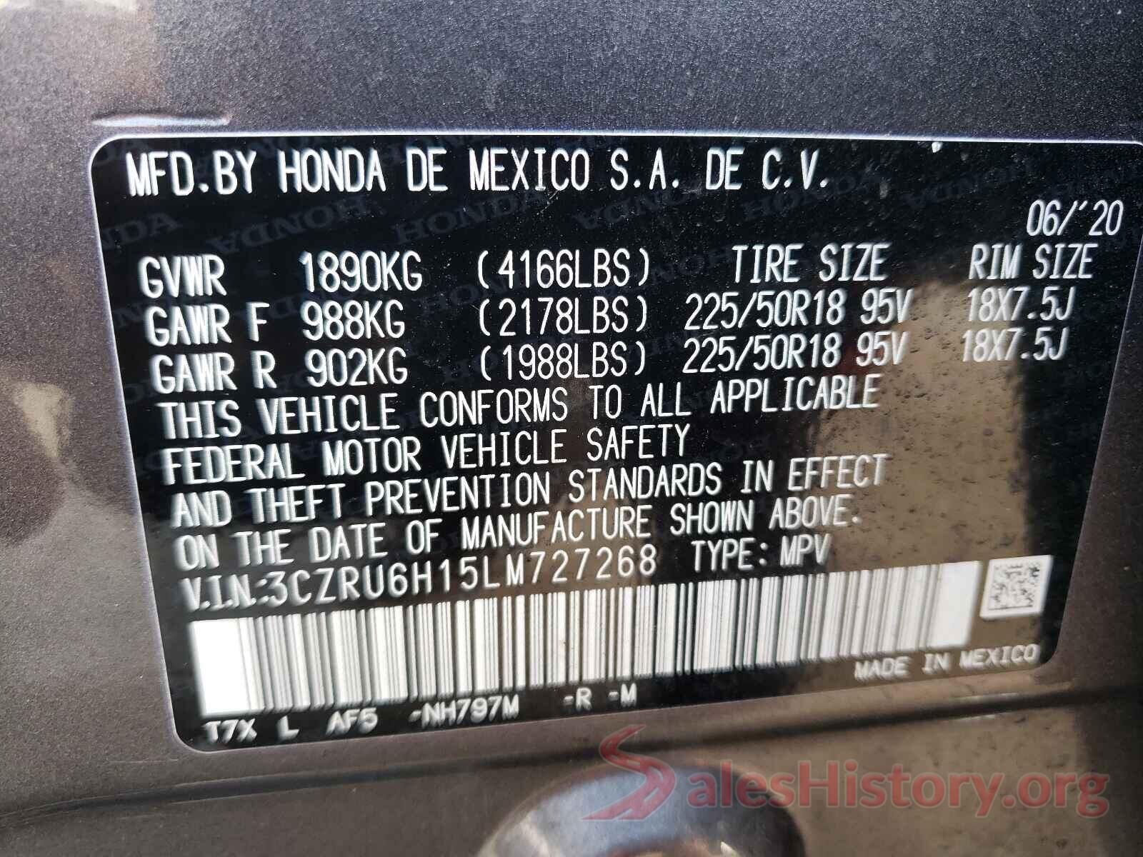 3CZRU6H15LM727268 2020 HONDA HR-V