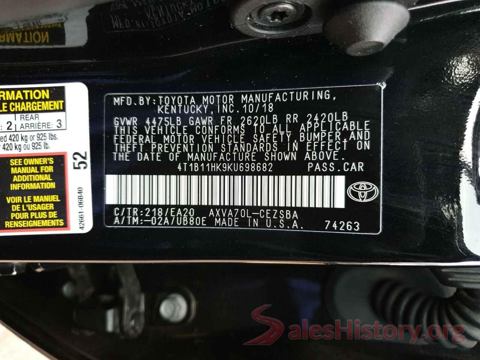 4T1B11HK9KU698682 2019 TOYOTA CAMRY