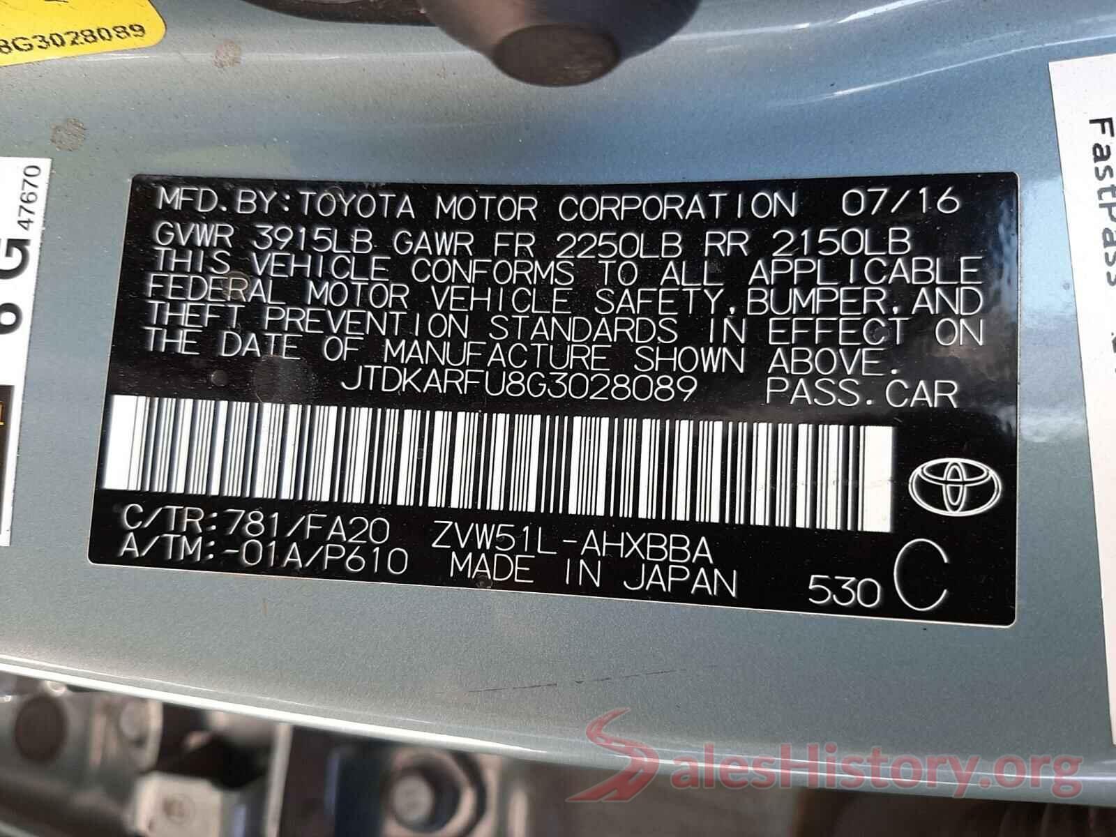 JTDKARFU8G3028089 2016 TOYOTA PRIUS