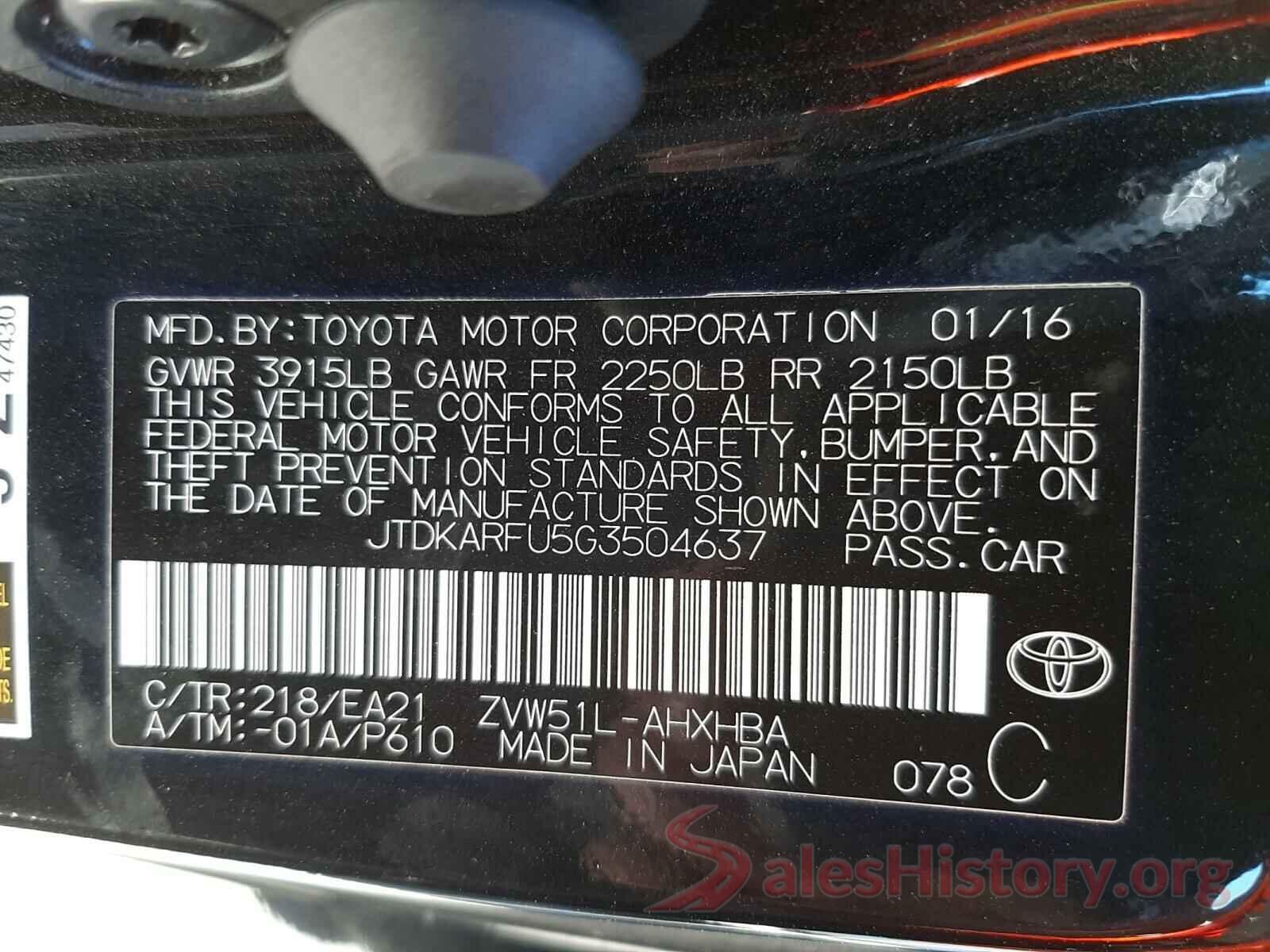 JTDKARFU5G3504637 2016 TOYOTA PRIUS