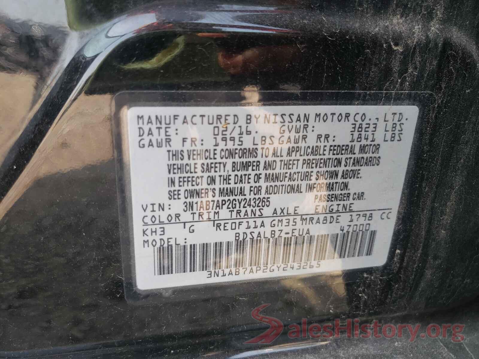 3N1AB7AP2GY243265 2016 NISSAN SENTRA