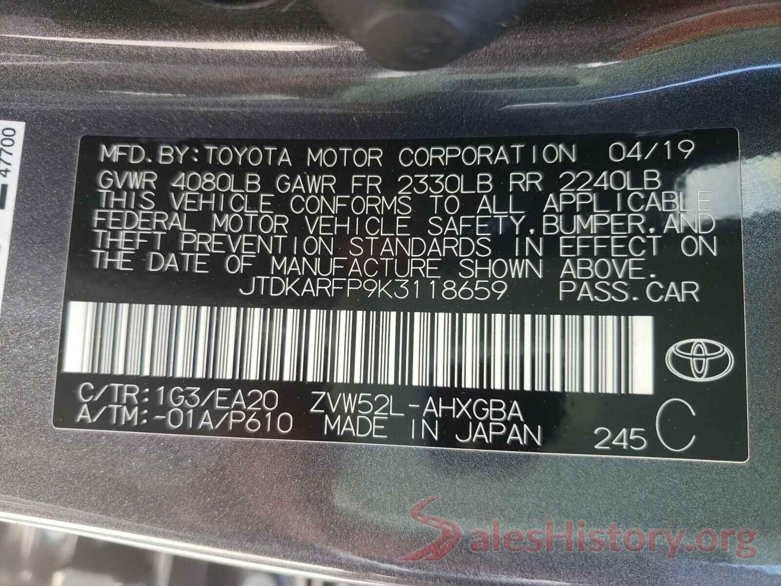 JTDKARFP9K3118659 2019 TOYOTA PRIUS