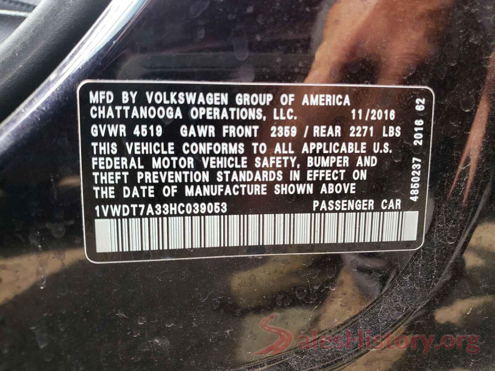 1VWDT7A33HC039053 2017 VOLKSWAGEN PASSAT