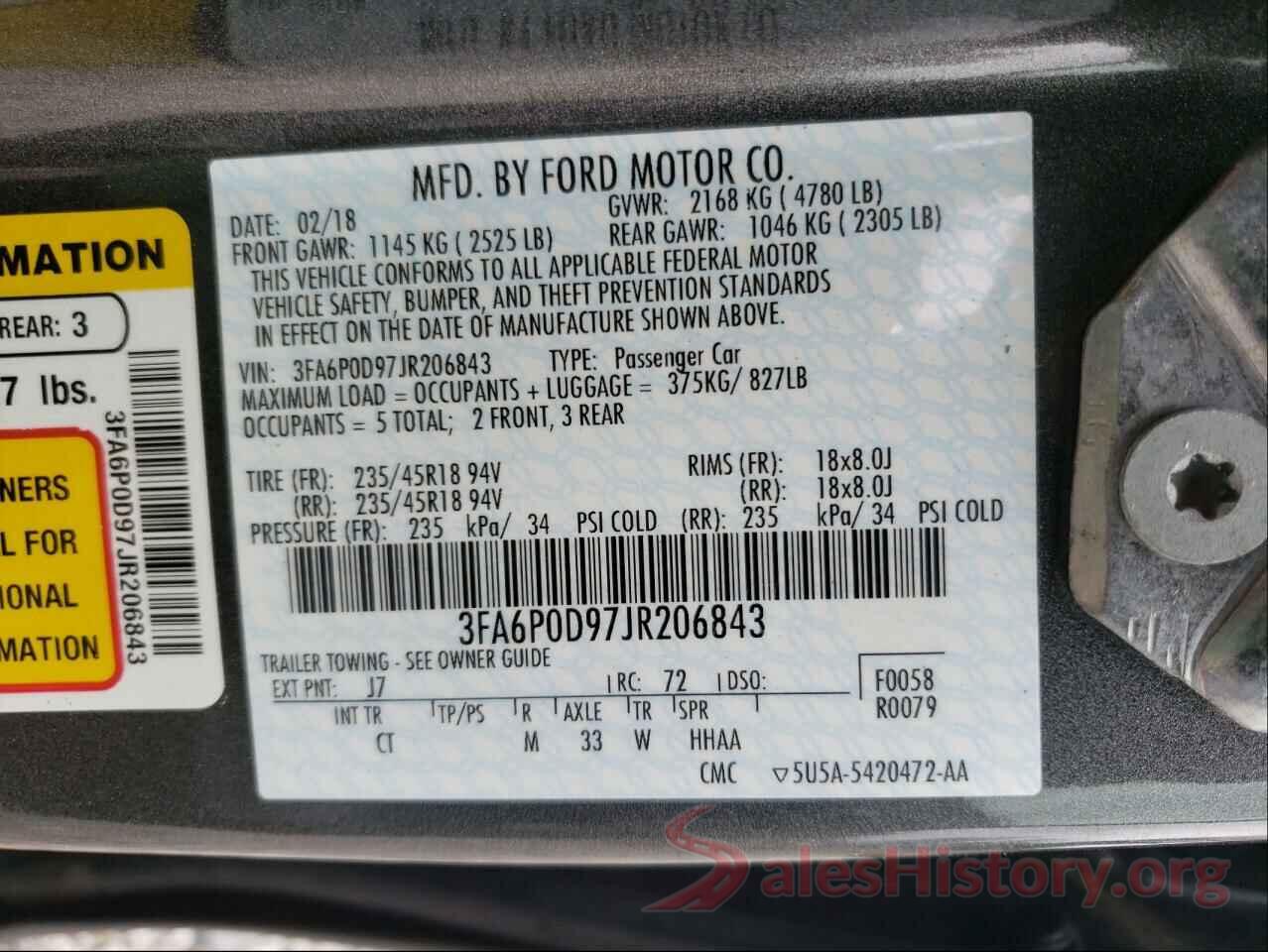 3FA6P0D97JR206843 2018 FORD FUSION