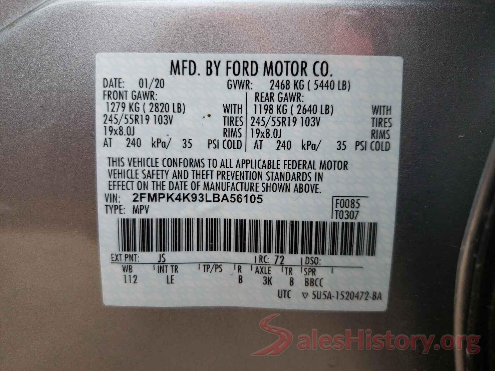 2FMPK4K93LBA56105 2020 FORD EDGE