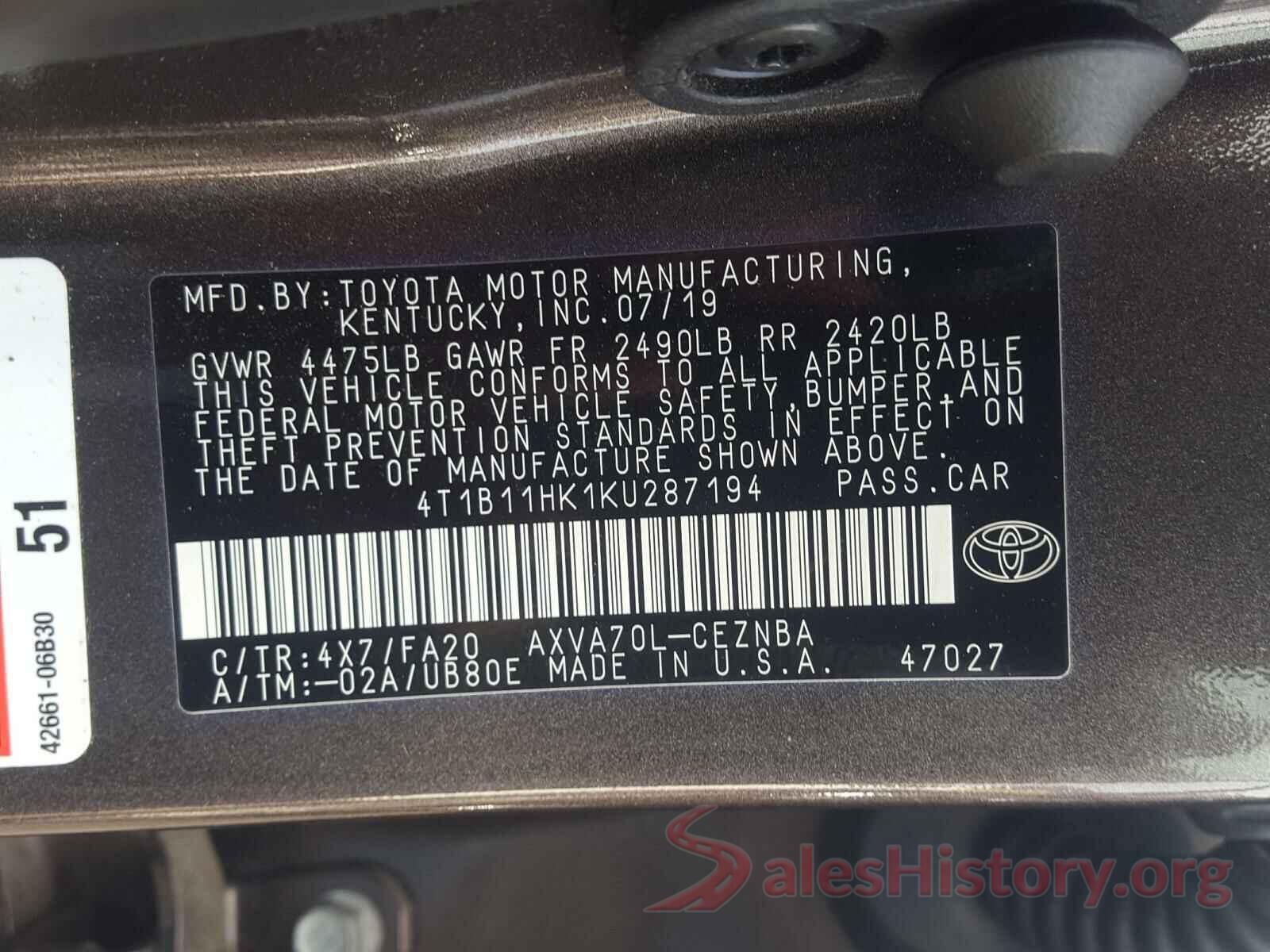 4T1B11HK1KU287194 2019 TOYOTA CAMRY