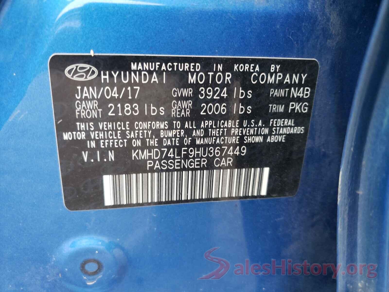 KMHD74LF9HU367449 2017 HYUNDAI ELANTRA