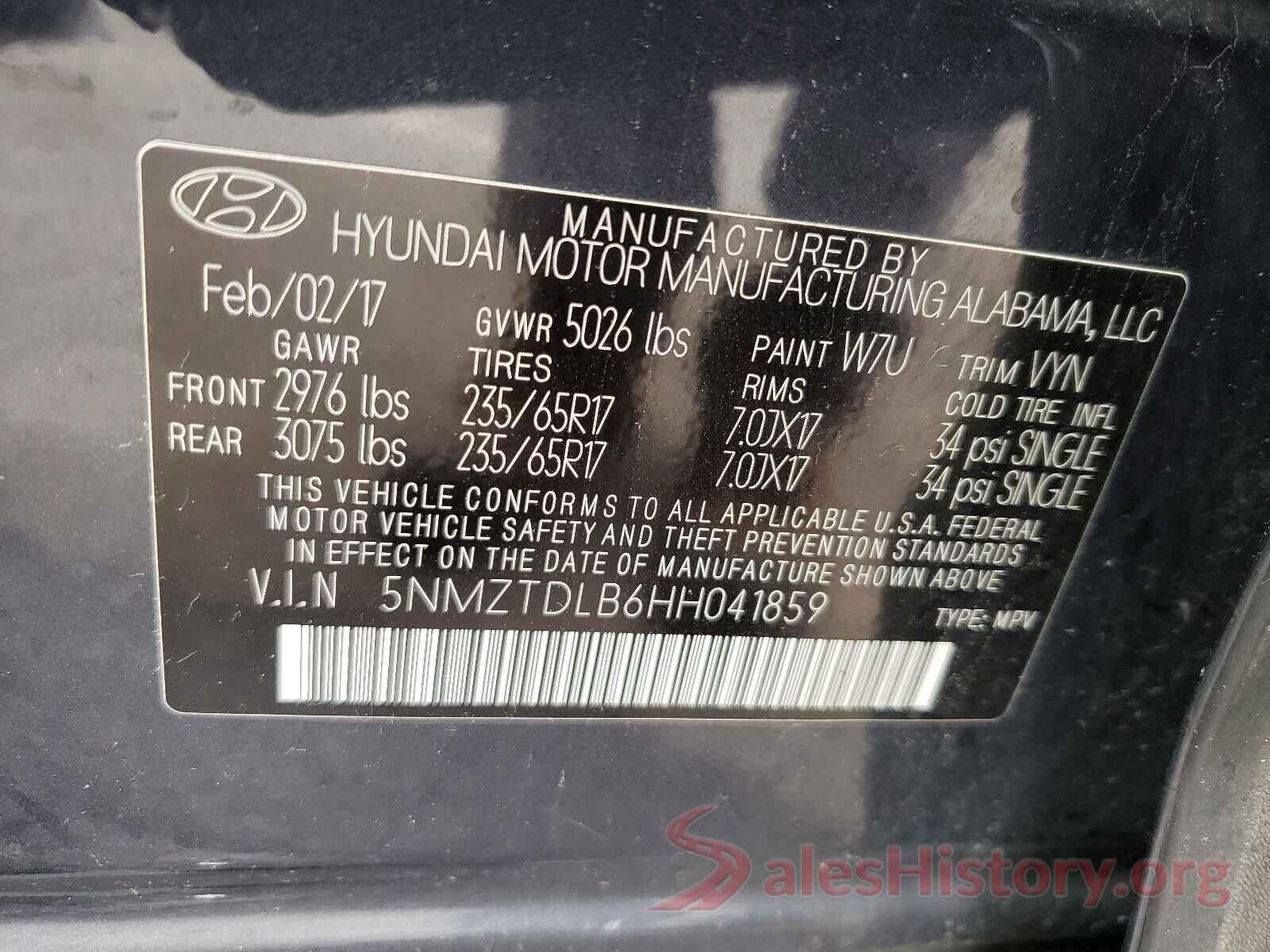 5NMZTDLB6HH041859 2017 HYUNDAI SANTA FE