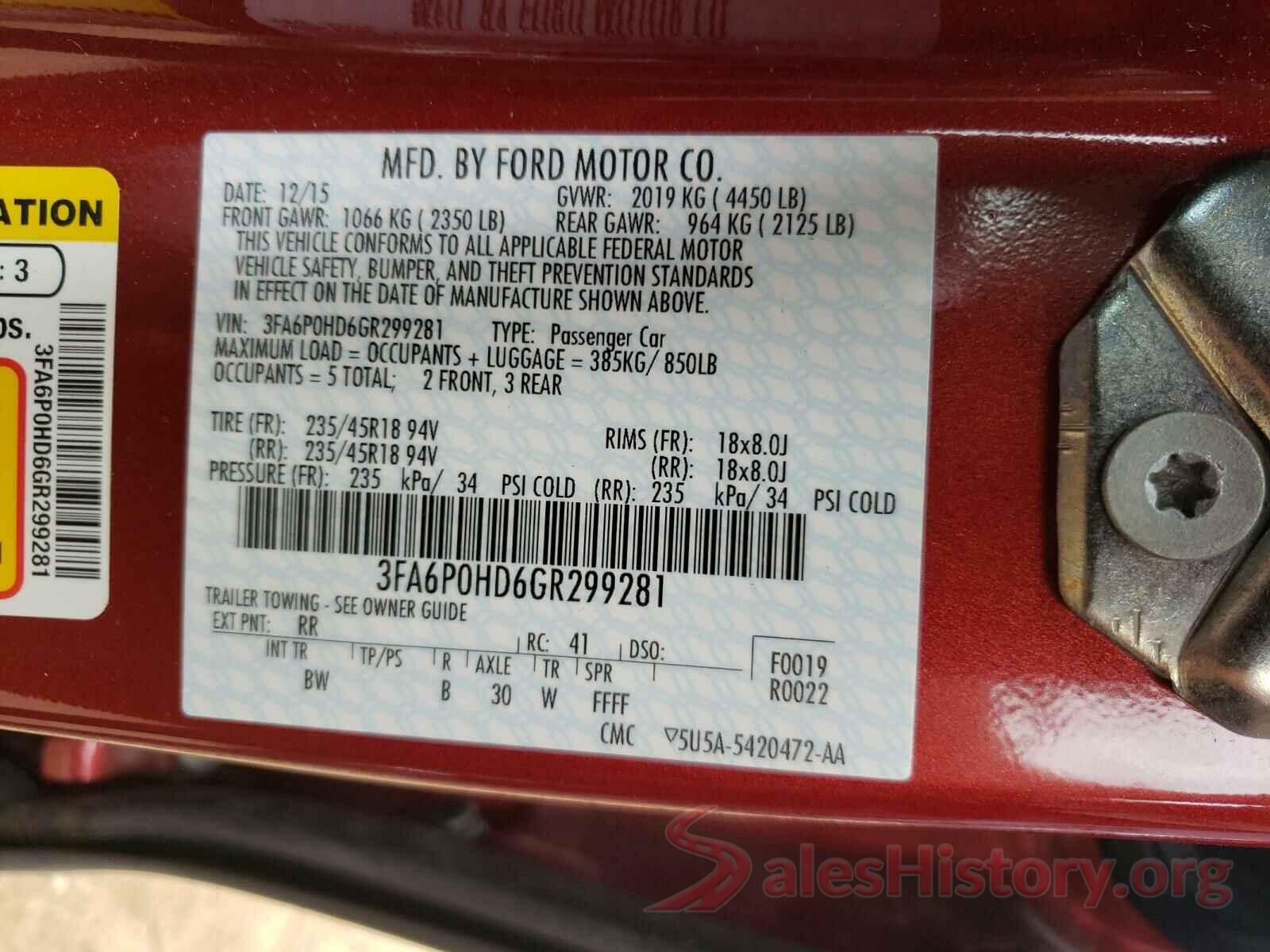 3FA6P0HD6GR299281 2016 FORD FUSION