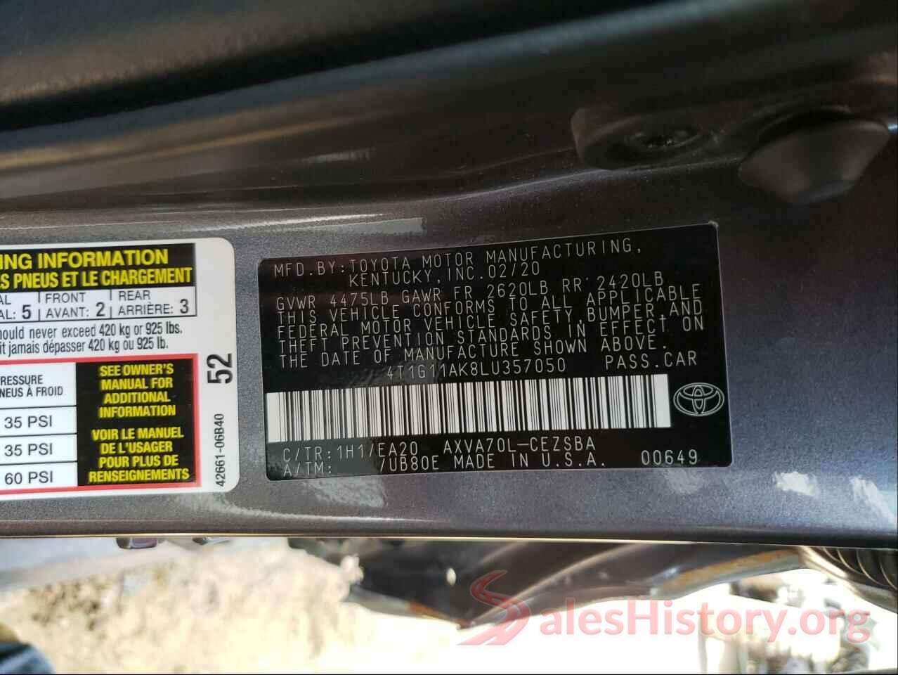 4T1G11AK8LU357050 2020 TOYOTA CAMRY