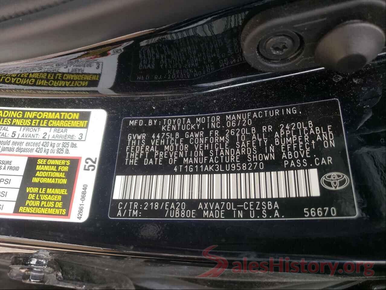 4T1G11AK3LU958270 2020 TOYOTA CAMRY