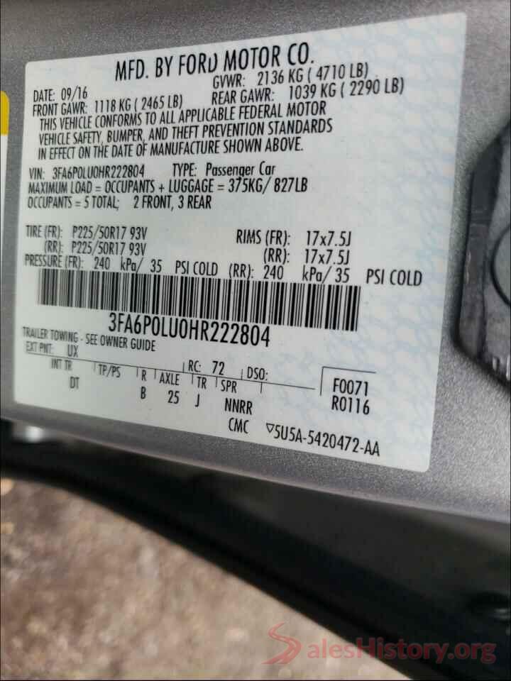 3FA6P0LU0HR222804 2017 FORD FUSION