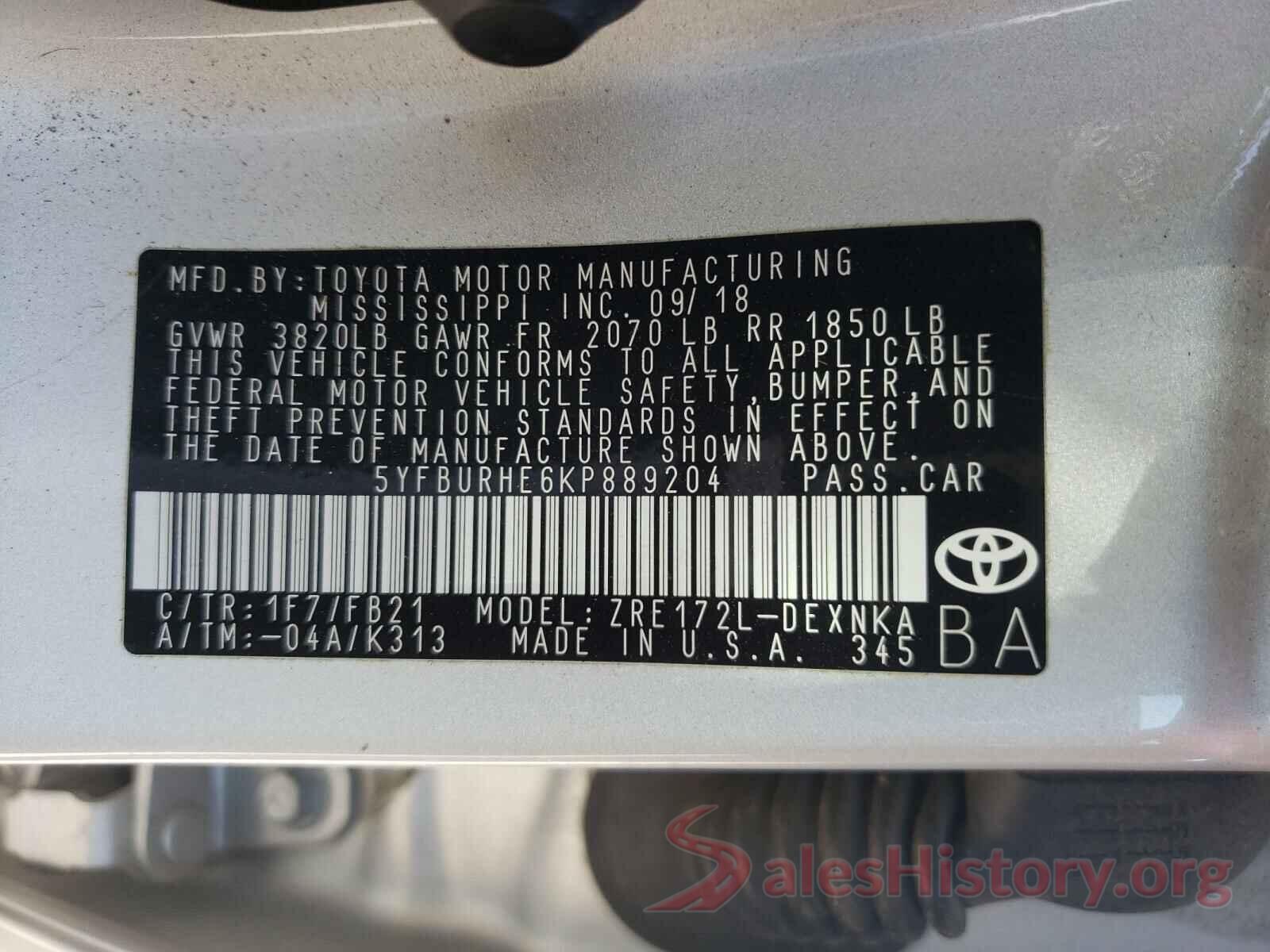 5YFBURHE6KP889204 2019 TOYOTA COROLLA