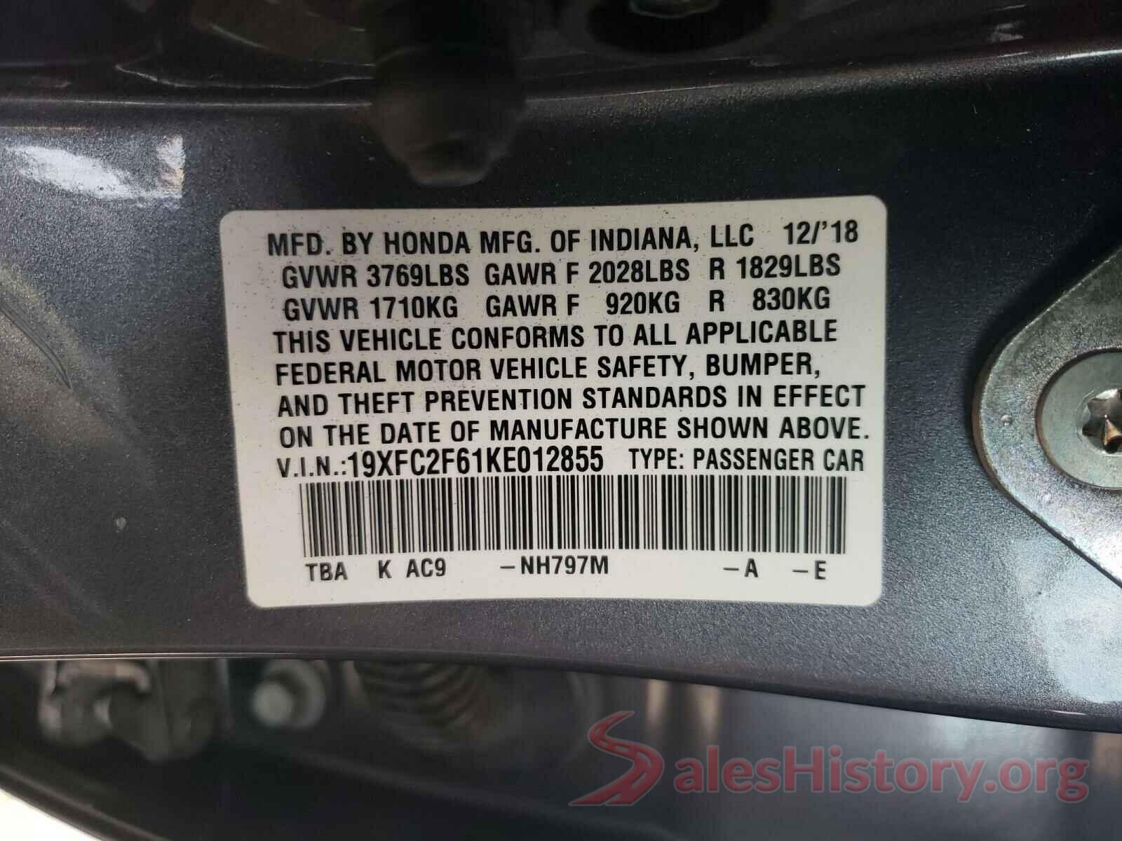 19XFC2F61KE012855 2019 HONDA CIVIC