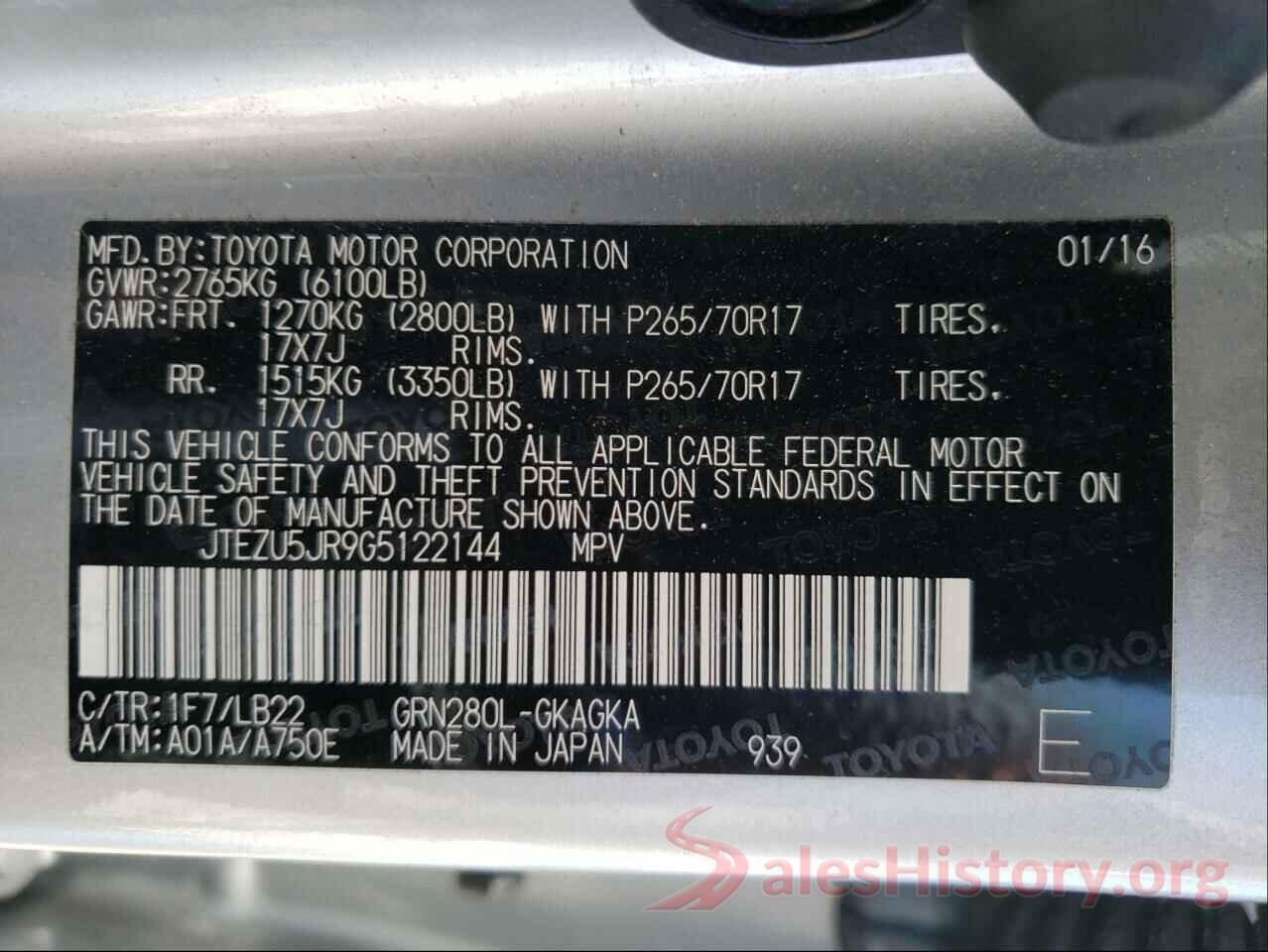 JTEZU5JR9G5122144 2016 TOYOTA 4RUNNER