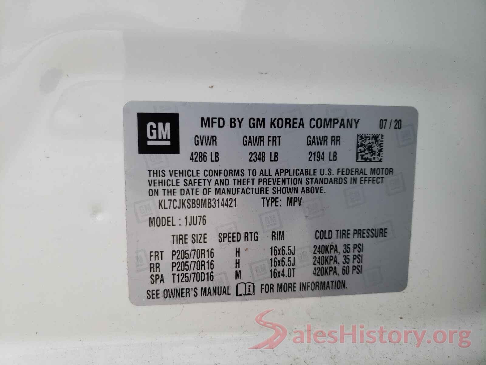 KL7CJKSB9MB314421 2021 CHEVROLET TRAX