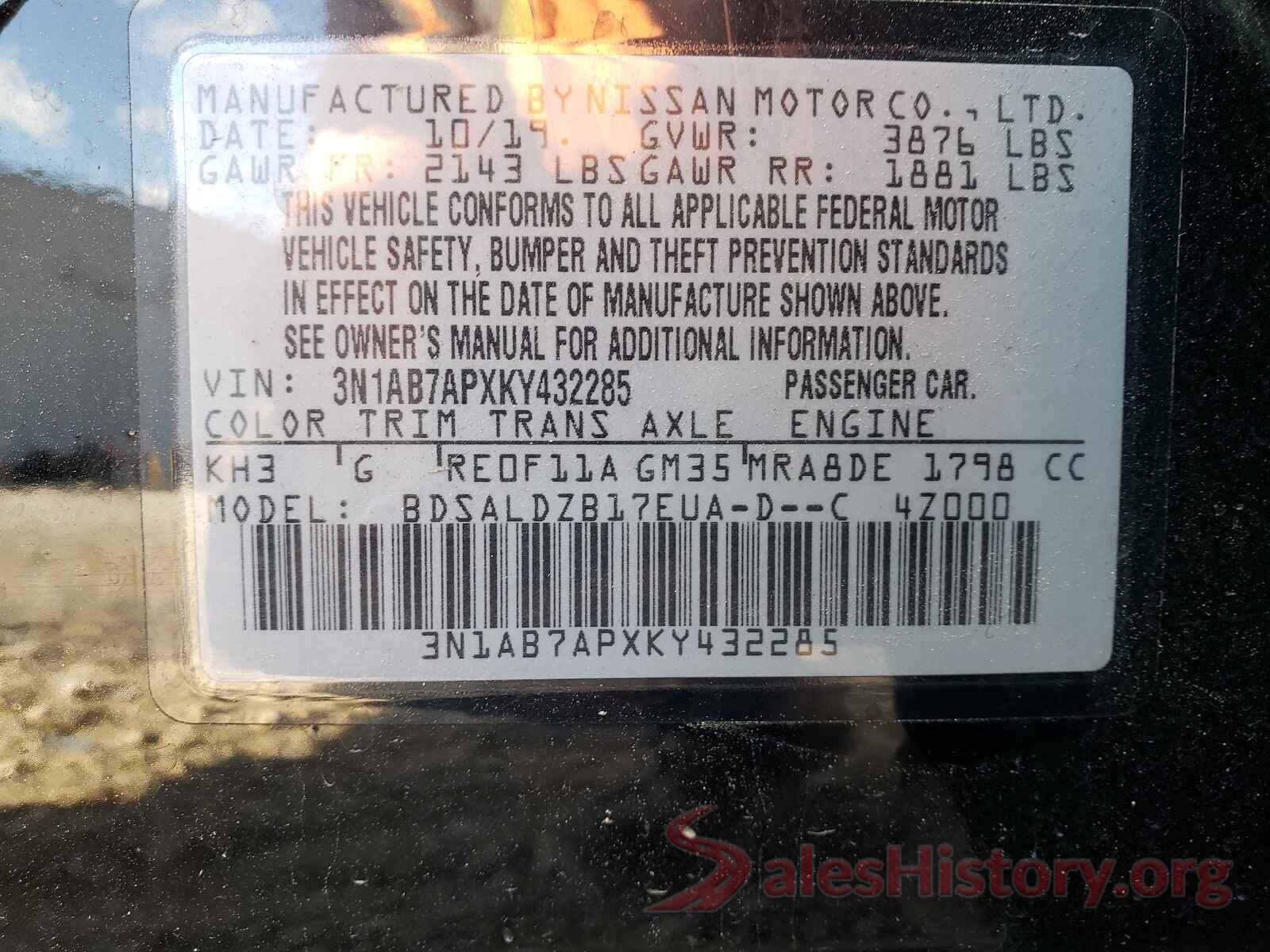 3N1AB7APXKY432285 2019 NISSAN SENTRA