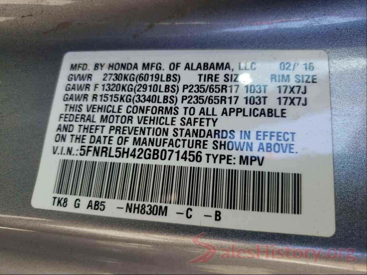 5FNRL5H42GB071456 2016 HONDA ODYSSEY