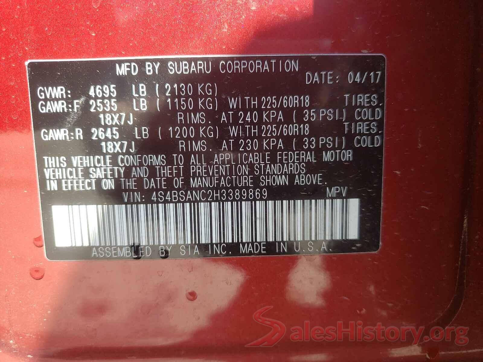 4S4BSANC2H3389869 2017 SUBARU OUTBACK