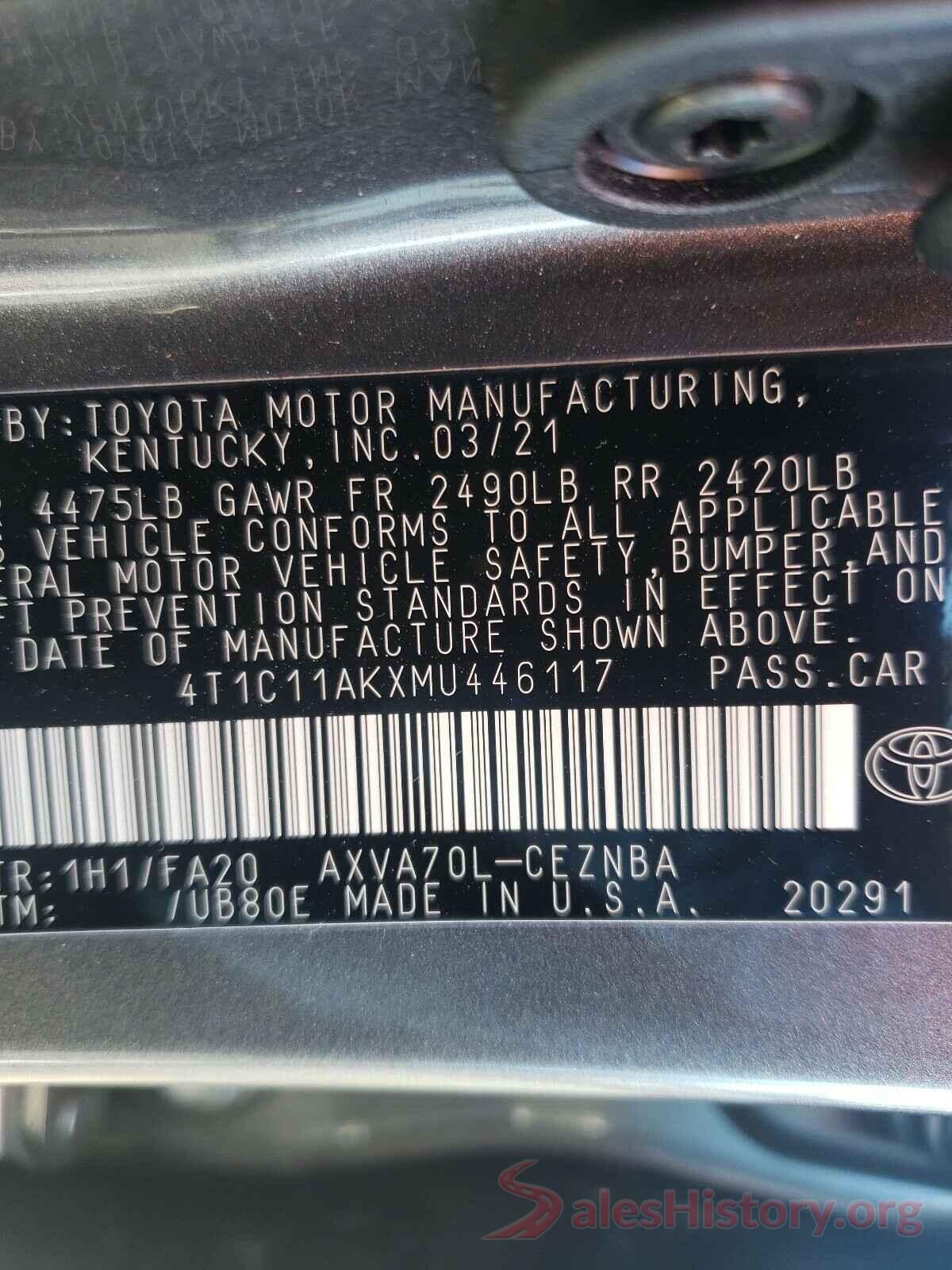 4T1C11AKXMU446117 2021 TOYOTA CAMRY