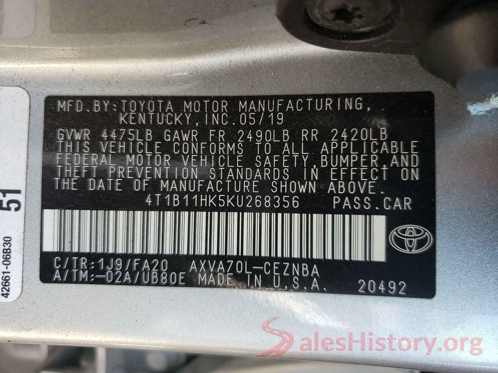 4T1B11HK5KU268356 2019 TOYOTA CAMRY