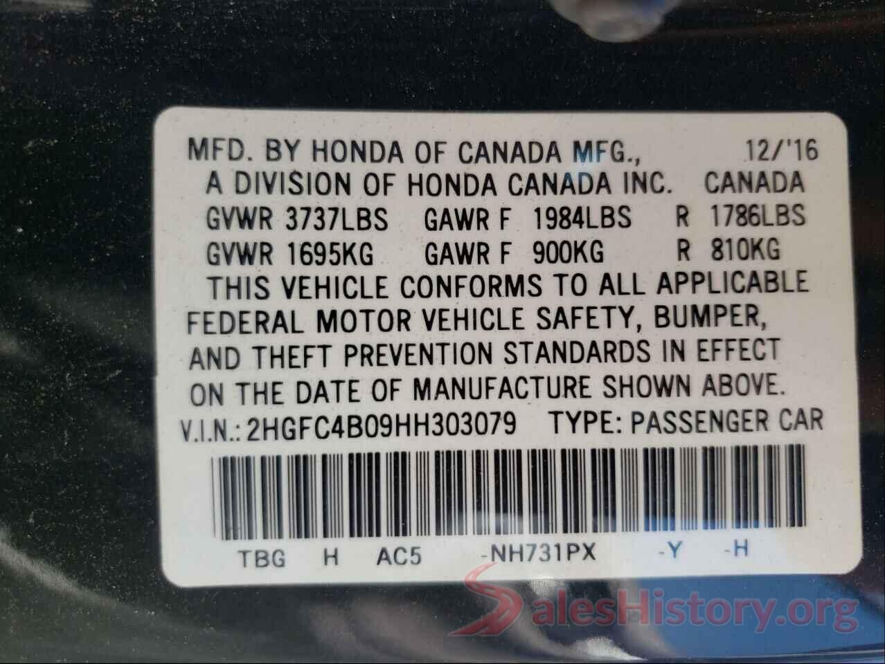 2HGFC4B09HH303079 2017 HONDA CIVIC