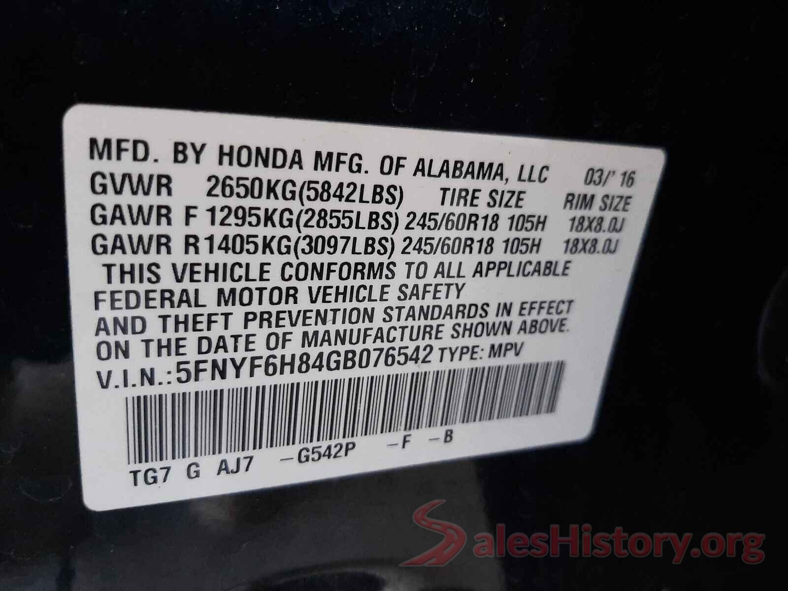 5FNYF6H84GB076542 2016 HONDA PILOT