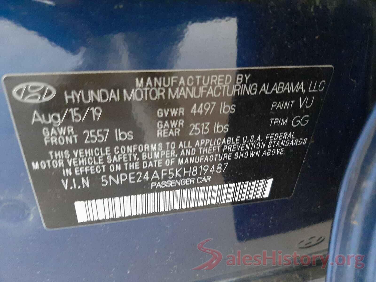 5NPE24AF5KH819487 2019 HYUNDAI SONATA