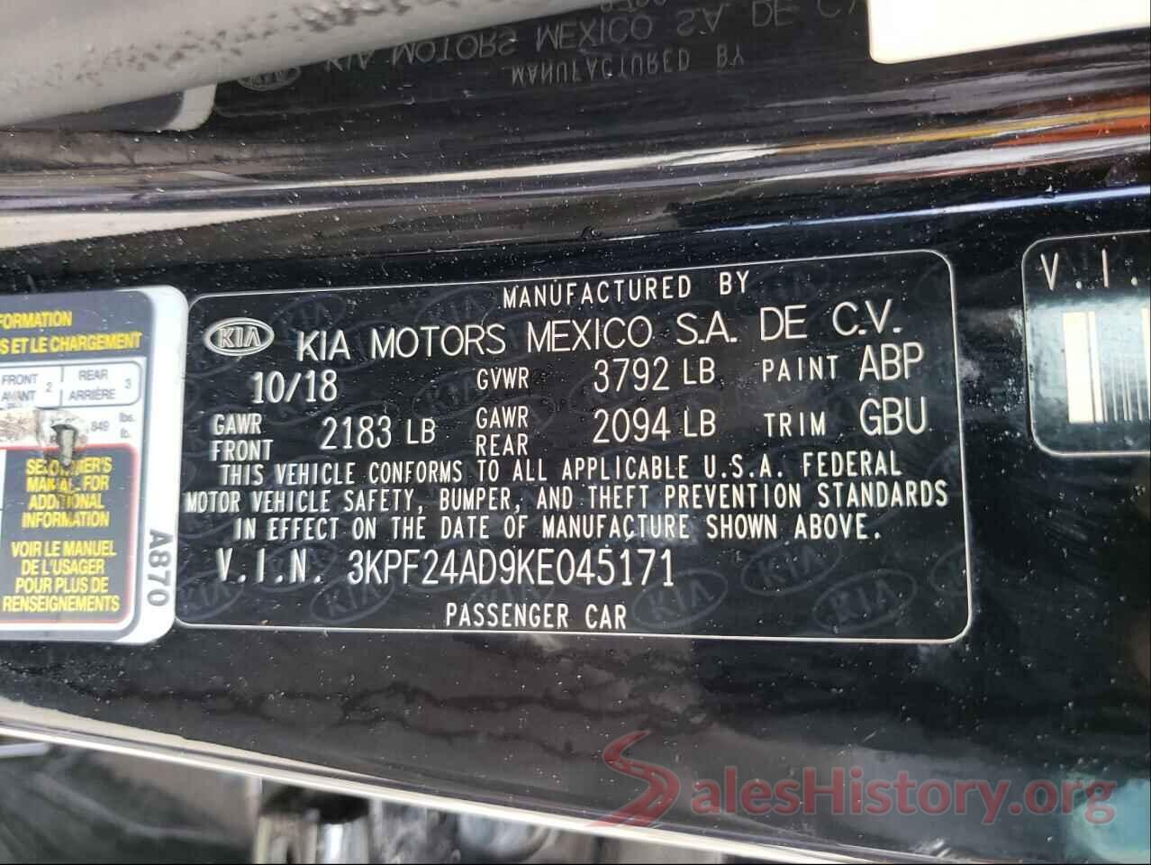 3KPF24AD9KE045171 2019 KIA FORTE