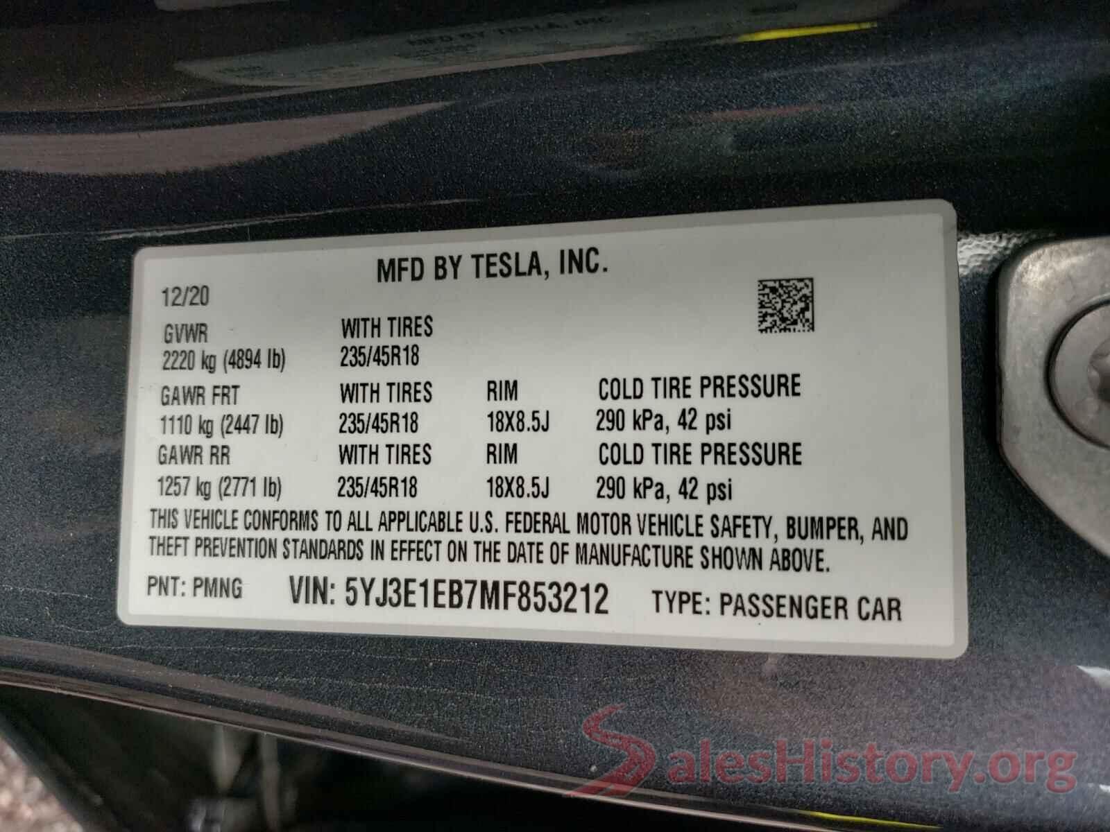 5YJ3E1EB7MF853212 2021 TESLA MODEL 3