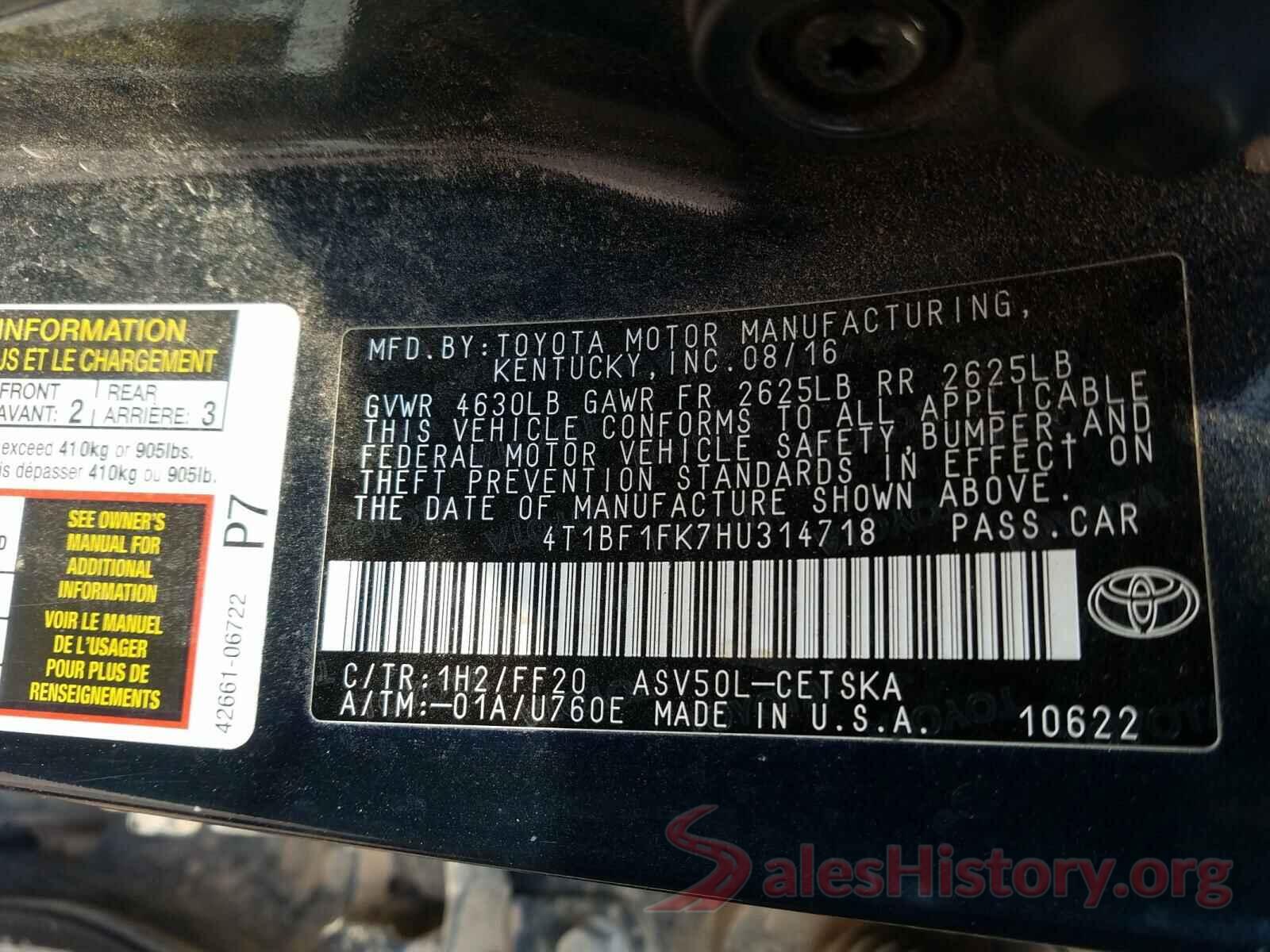 4T1BF1FK7HU314718 2017 TOYOTA CAMRY