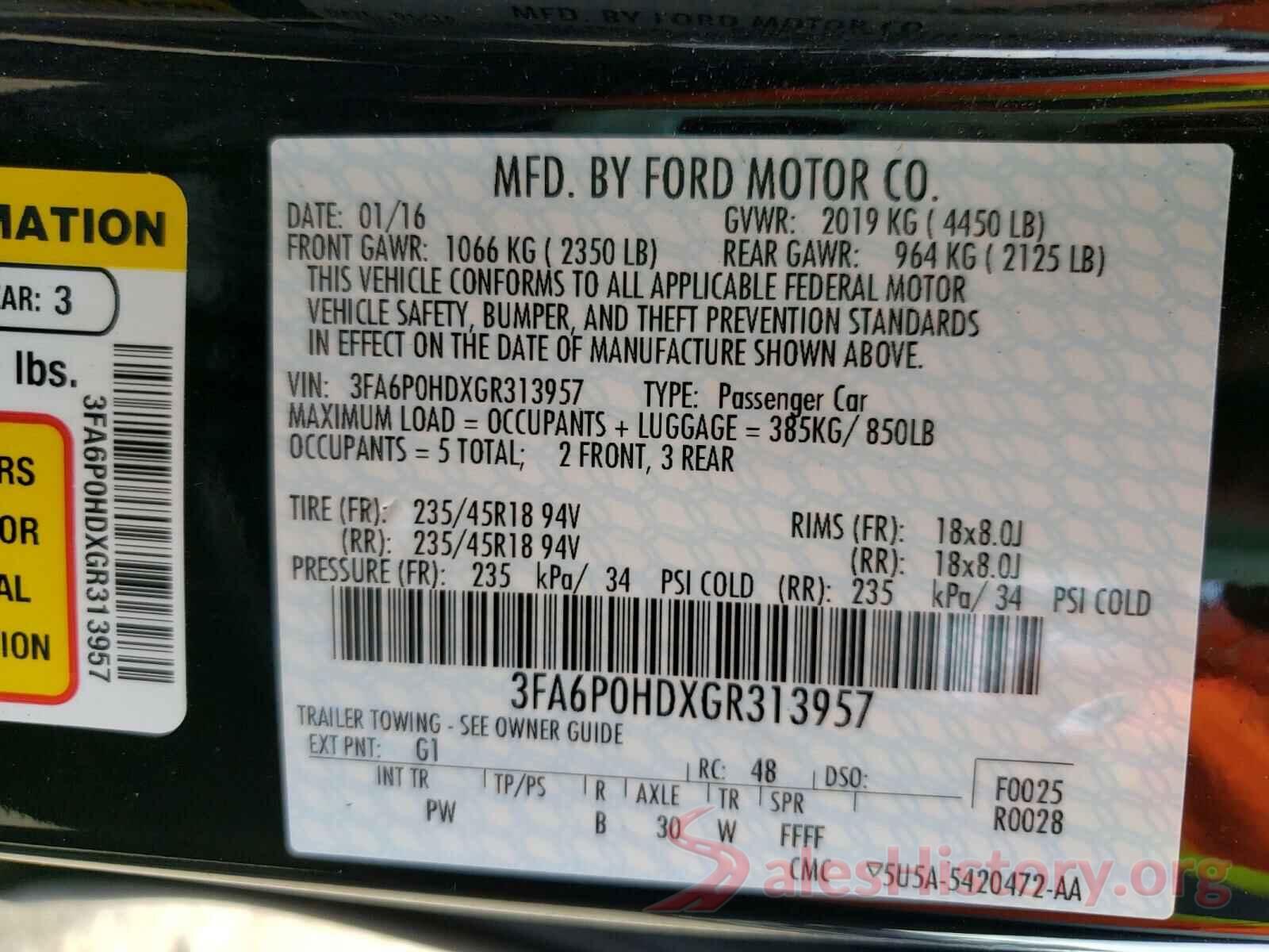 3FA6P0HDXGR313957 2016 FORD FUSION