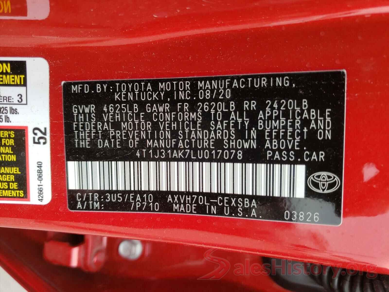 4T1J31AK7LU017078 2020 TOYOTA CAMRY