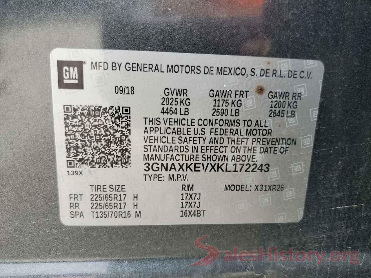 3GNAXKEVXKL172243 2019 CHEVROLET EQUINOX