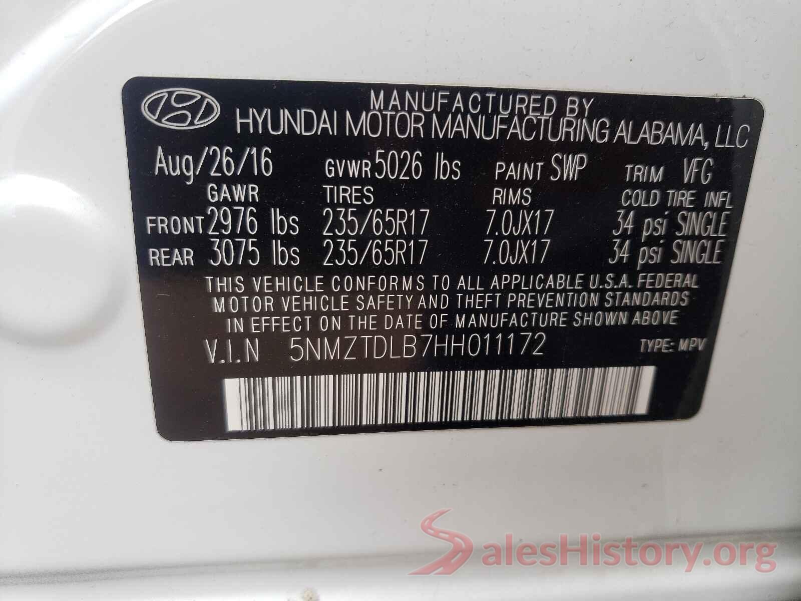 5NMZTDLB7HH011172 2017 HYUNDAI SANTA FE