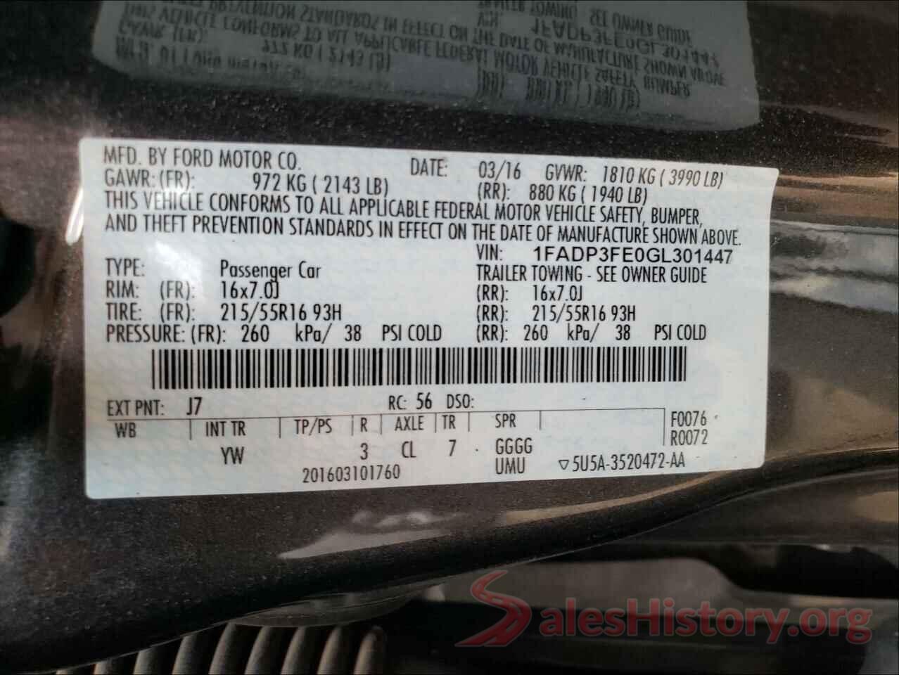 1FADP3FE0GL301447 2016 FORD FOCUS