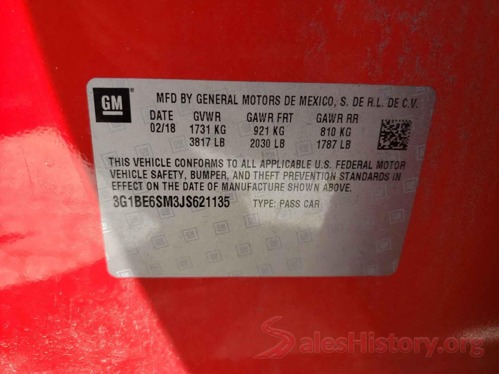 3G1BE6SM3JS621135 2018 CHEVROLET CRUZE