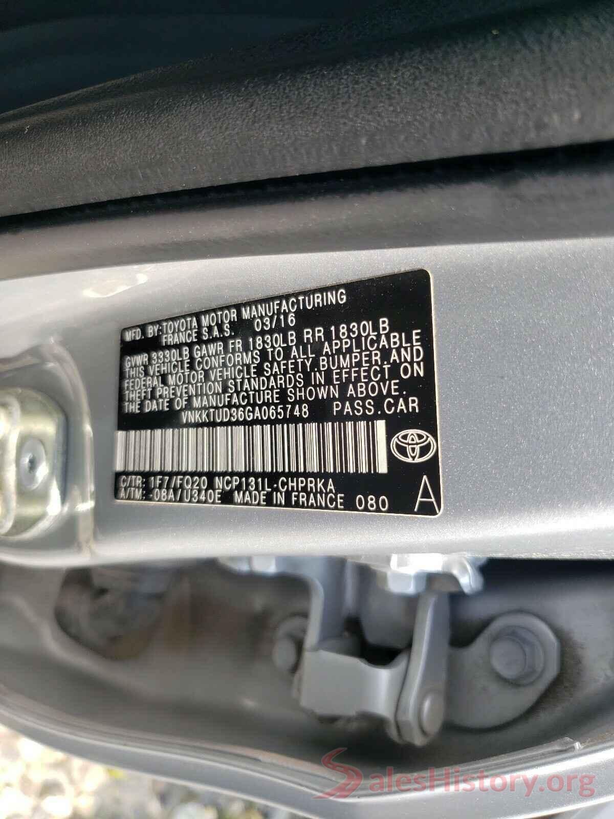 VNKKTUD36GA065748 2016 TOYOTA YARIS