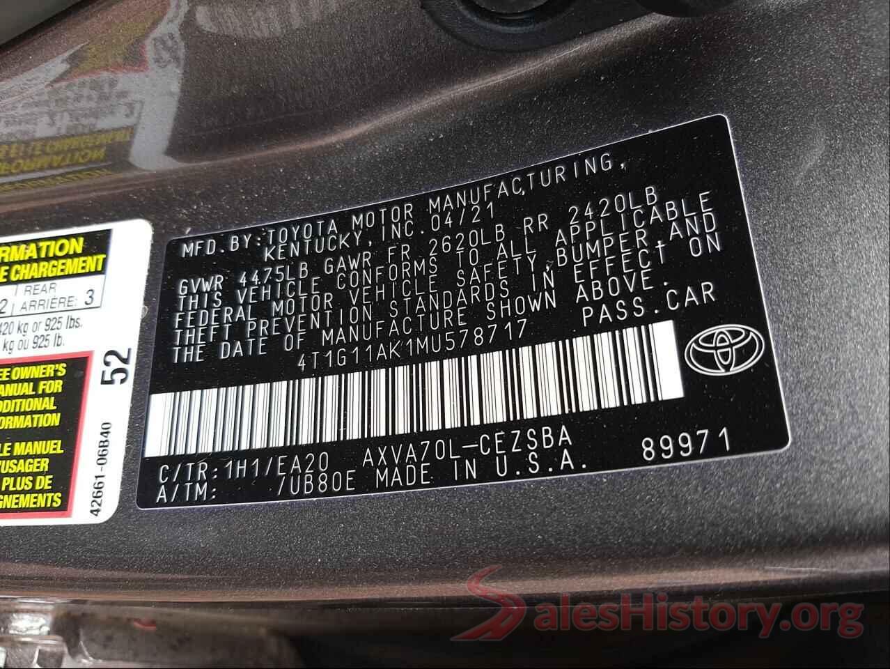 4T1G11AK1MU578717 2021 TOYOTA CAMRY