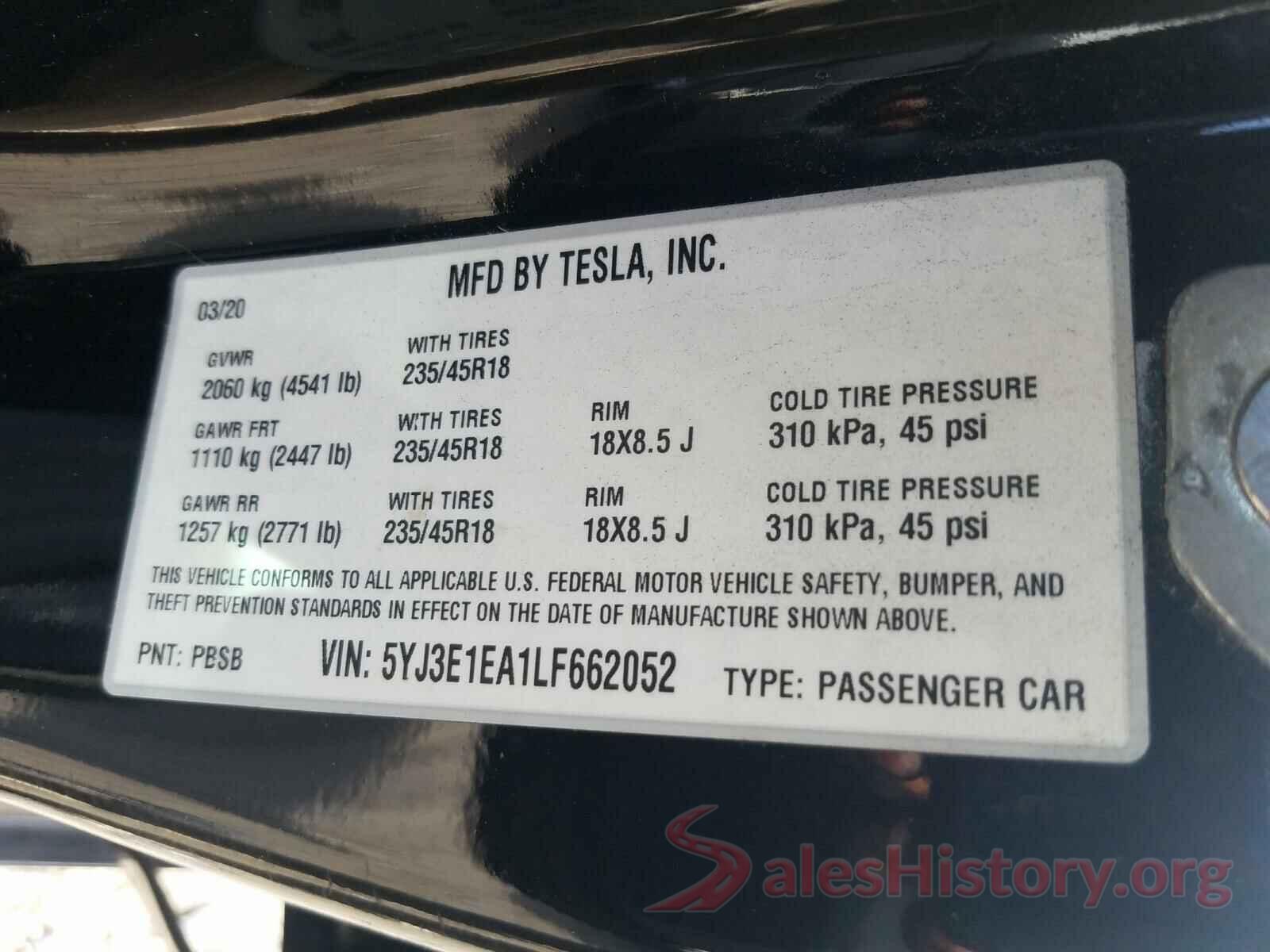 5YJ3E1EA1LF662052 2020 TESLA MODEL 3