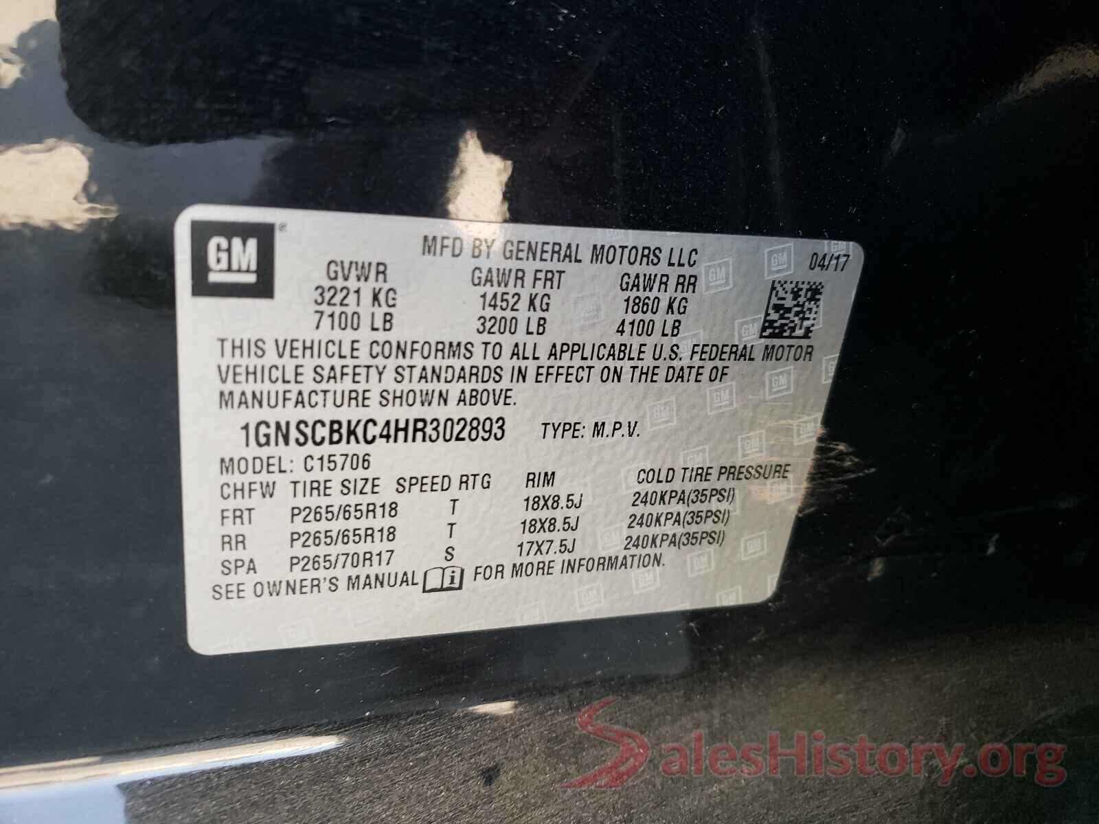 1GNSCBKC4HR302893 2017 CHEVROLET TAHOE