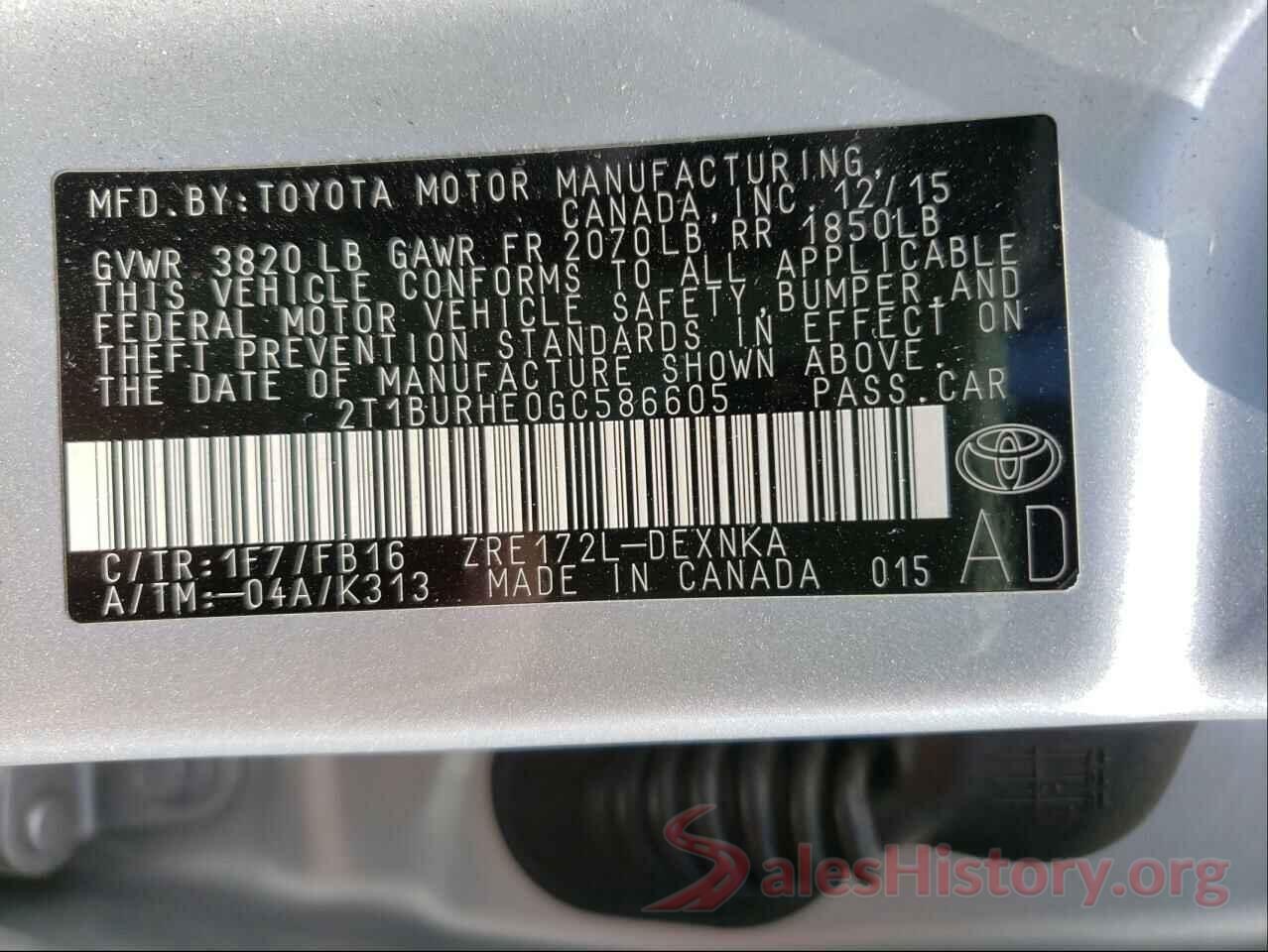 2T1BURHE0GC586605 2016 TOYOTA COROLLA