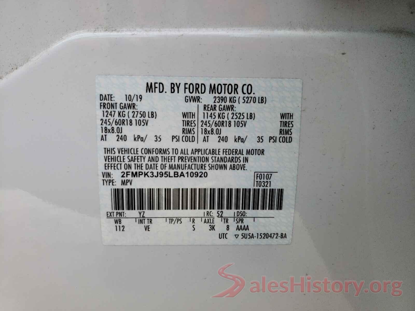 2FMPK3J95LBA10920 2020 FORD EDGE