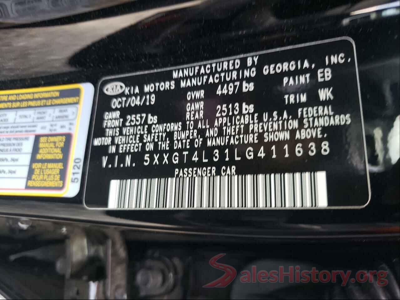 5XXGT4L31LG411638 2020 KIA OPTIMA