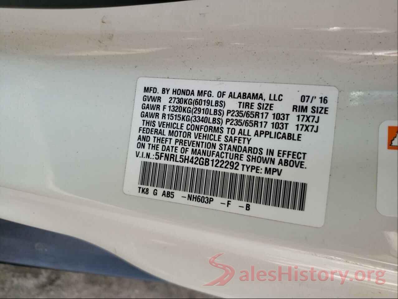 5FNRL5H42GB122292 2016 HONDA ODYSSEY