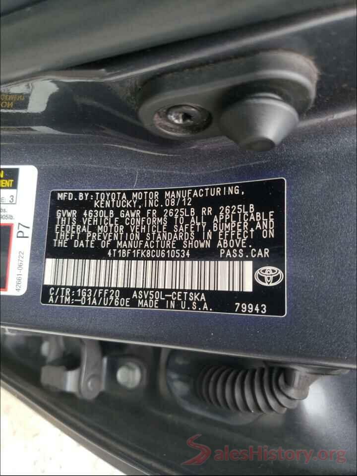 4T1BF1FK8CU610534 2012 TOYOTA CAMRY